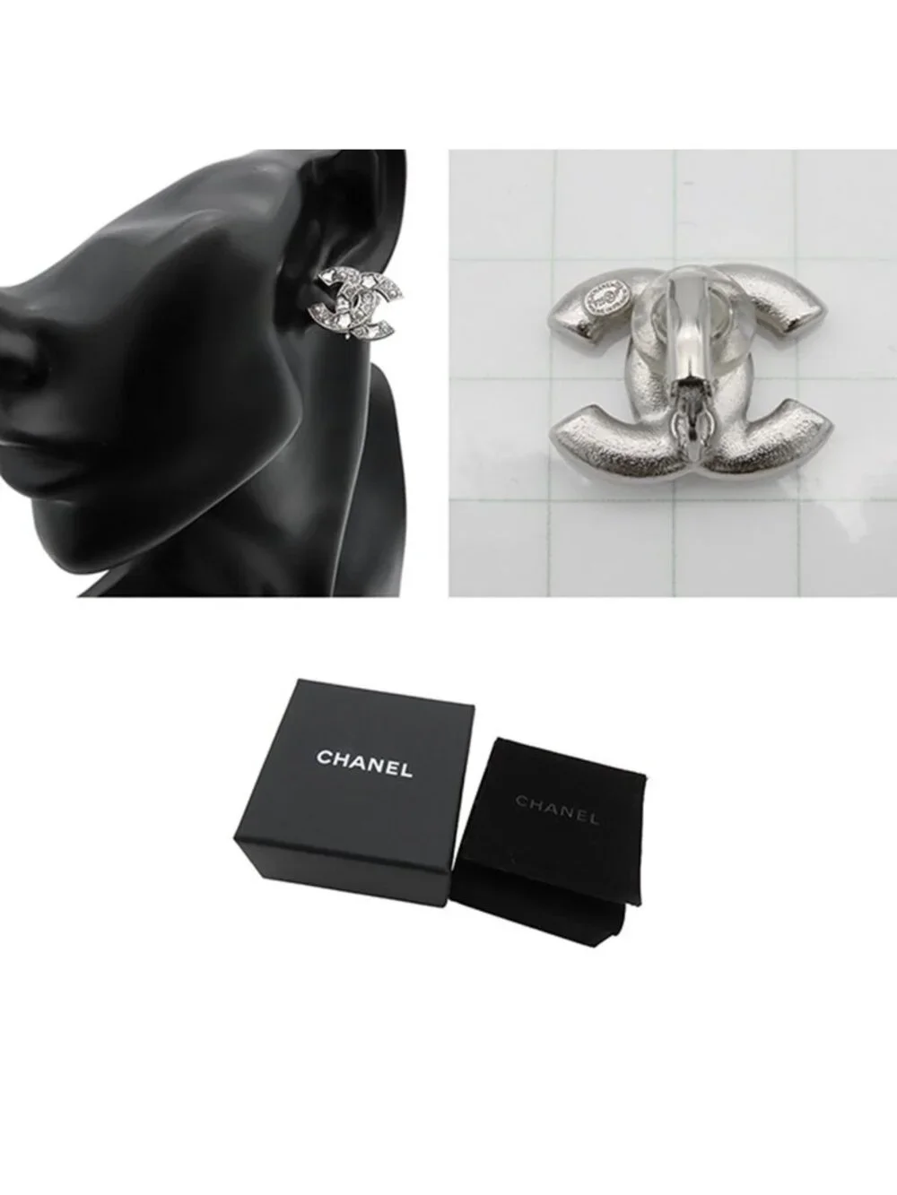 Chanel Earrings Silver Metal Rhinestone Faux Pearl CC Logo Star